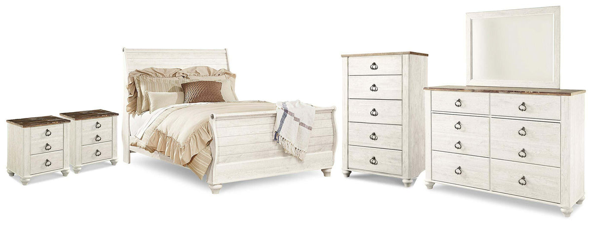 Willowton Queen Sleigh Bed, 2 Dressers, Mirror, Chest and 2 Nightstands