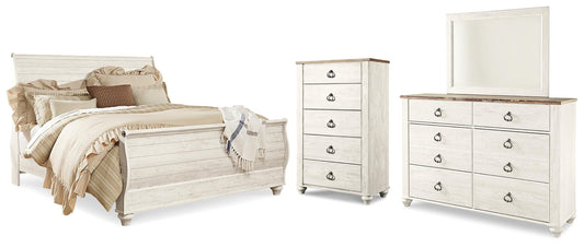Willowton King Sleigh Bed with Mirrored Dresser and Chest