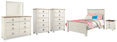 Willowton Full Panel Bed, Dresser, Mirror, 2 Chests and nightstand