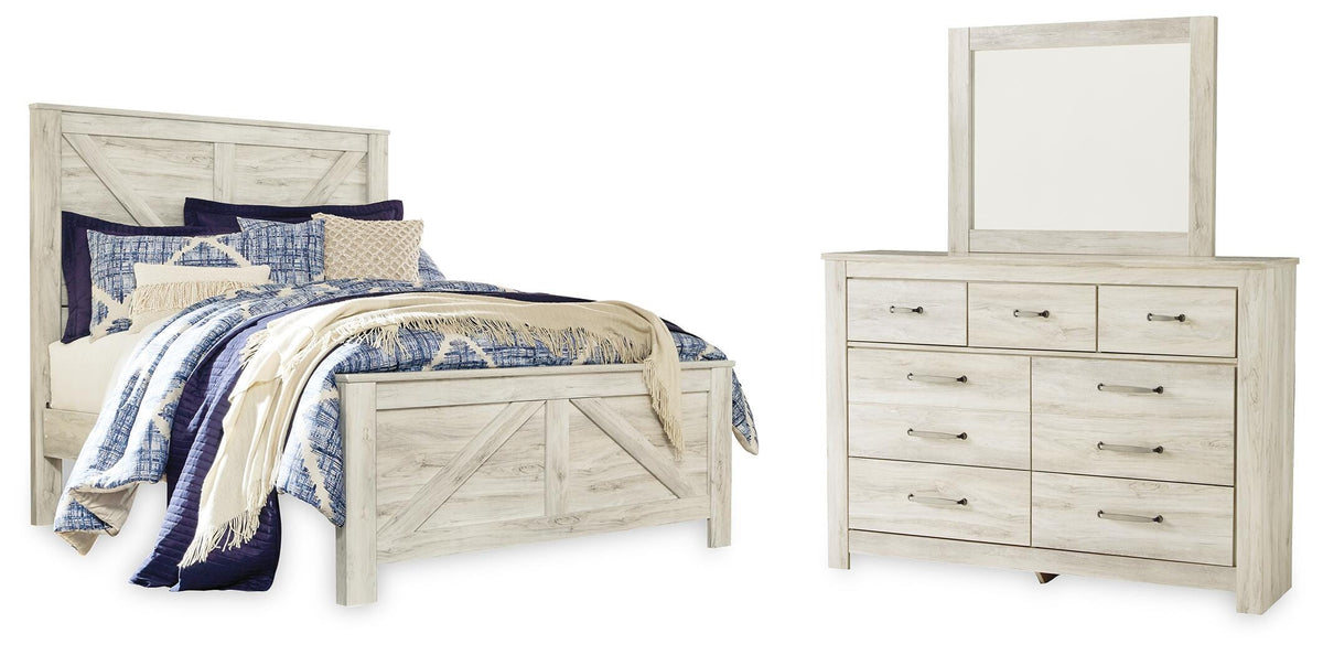 Bellaby Queen Crossbuck Panel Bed with Mirrored Dresser