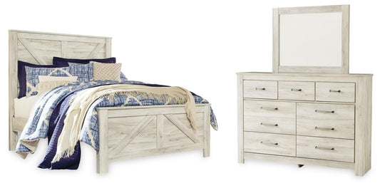 Bellaby Queen Crossbuck Panel Bed with Mirrored Dresser