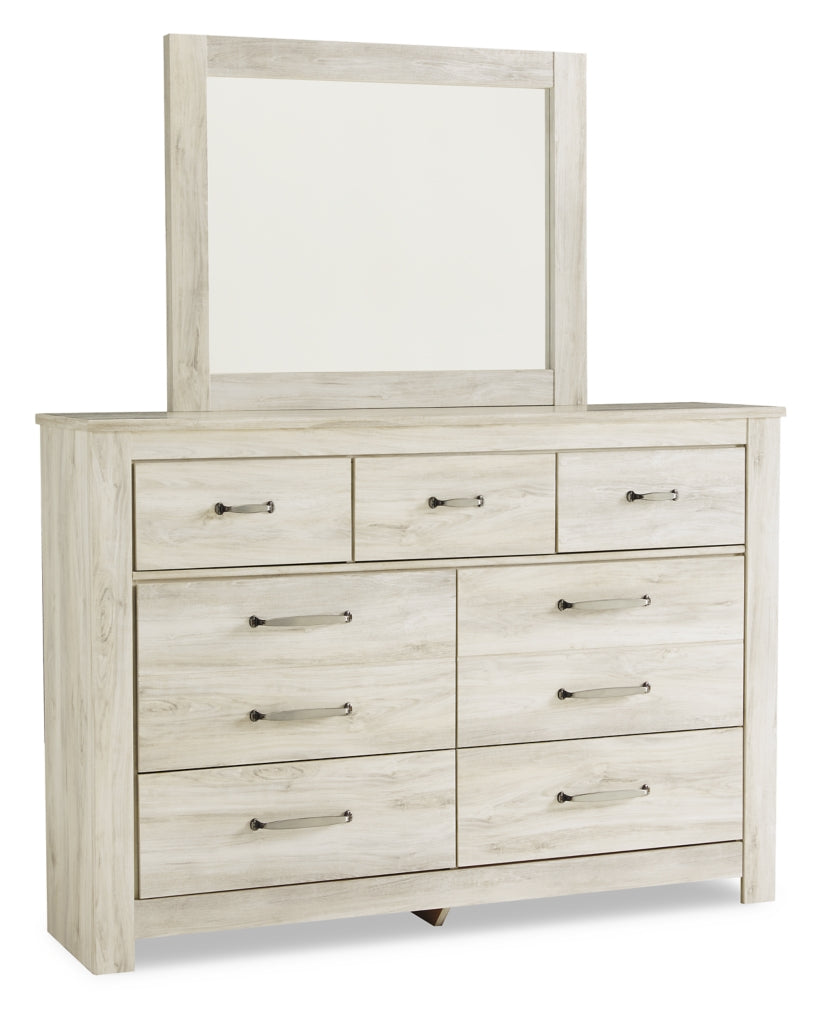 Bellaby King Crossbuck Panel Bed with Mirrored Dresser