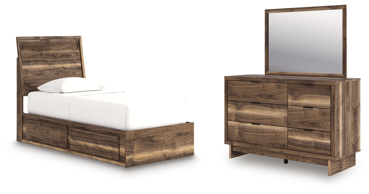 Chirason Twin Panel Bed with Storage, Dresser and Mirror