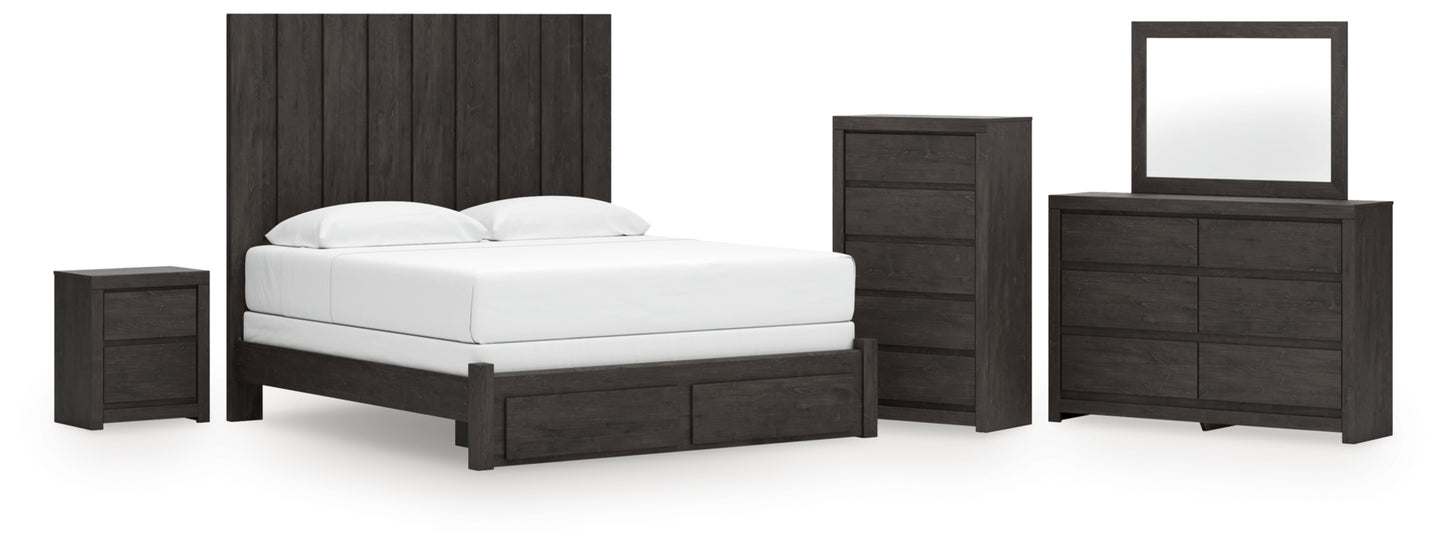 Fraluna King Panel Storage Bed, Dresser, Mirror, Chest and Nightstand