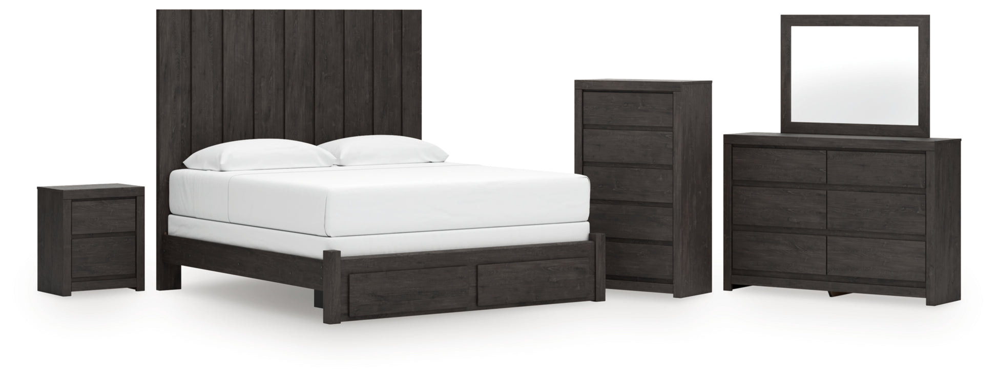 Fraluna King Panel Storage Bed, Dresser, Mirror, Chest and Nightstand