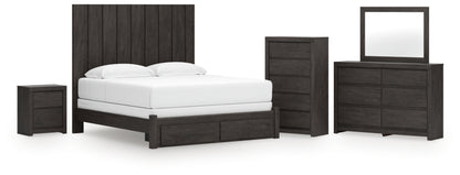 Fraluna King Panel Storage Bed, Dresser, Mirror, Chest and Nightstand