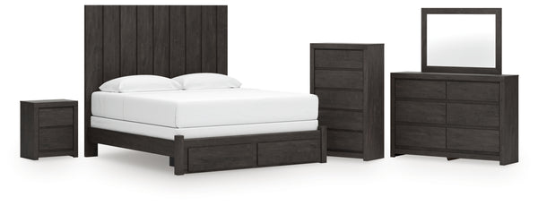 Fraluna King Panel Storage Bed, Dresser, Mirror, Chest and Nightstand