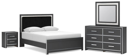 Zuraleus Queen Upholstered Panel Platform Bed, Dresser, Mirror and Nightstand