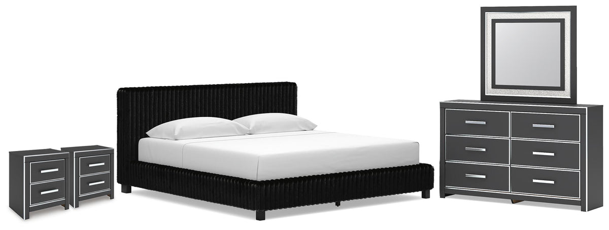 Birmonton King Upholstered Bed, Dresser, Mirror and 2 Nightstands