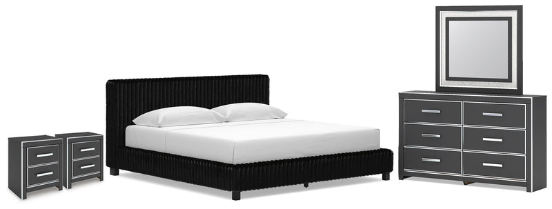 Birmonton King Upholstered Bed, Dresser, Mirror and 2 Nightstands