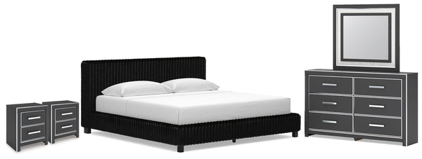 Birmonton King Upholstered Bed, Dresser, Mirror and 2 Nightstands