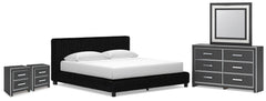 Birmonton King Upholstered Bed, Dresser, Mirror and 2 Nightstands