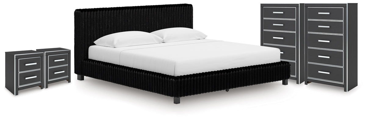 Birmonton King Upholstered Bed, 2 Chests and 2 Nightstands