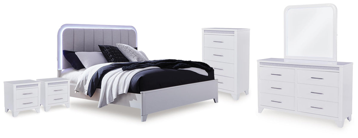 Frostlyn Queen Upholstered Panel Bed, Dresser, Mirror, Chest and 2 Nightstands