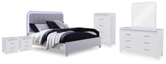 Frostlyn Queen Upholstered Panel Bed, Dresser, Mirror, Chest and 2 Nightstands