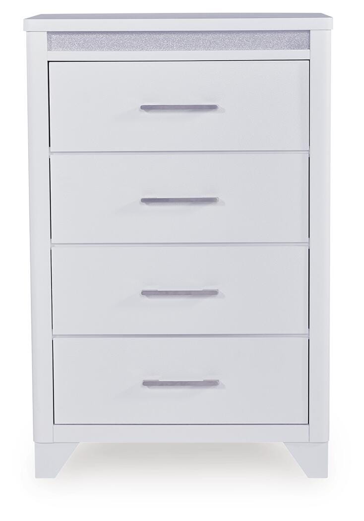 Frostlyn Queen Upholstered Panel Bed, Dresser, Mirror, Chest and 2 Nightstands