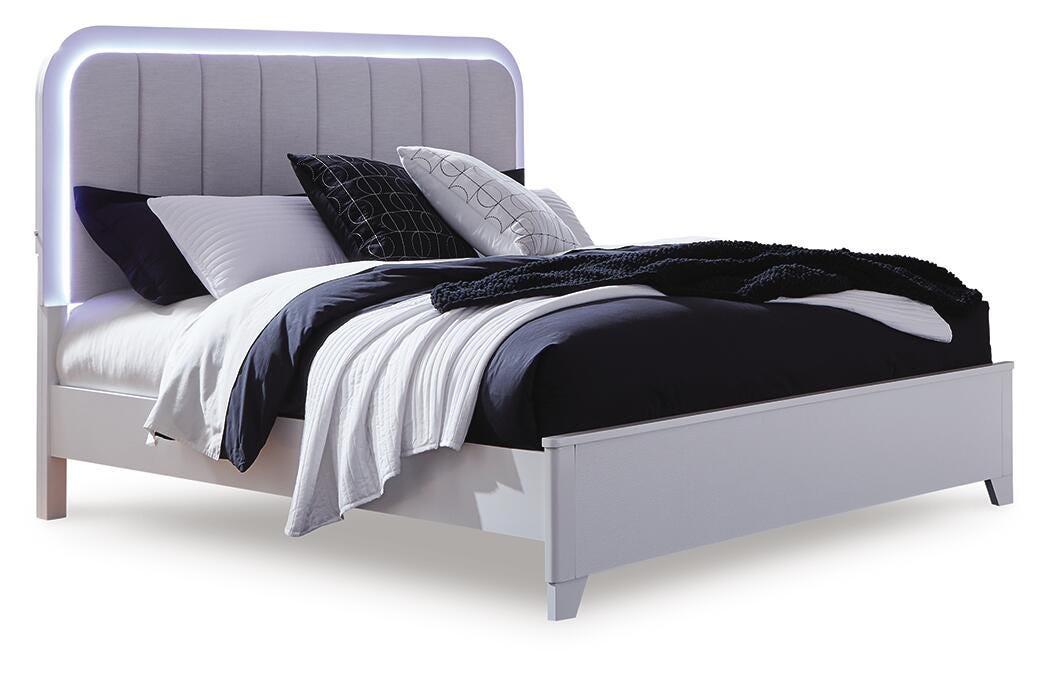 Frostlyn Queen Upholstered Panel Bed, Dresser, Mirror, Chest and 2 Nightstands