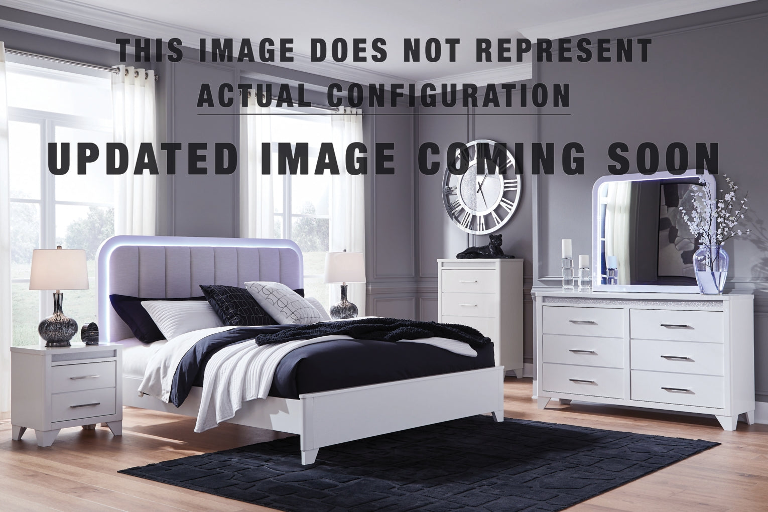 Jarlee King Upholstered Panel Bed, Dresser, Mirror and Nightstand