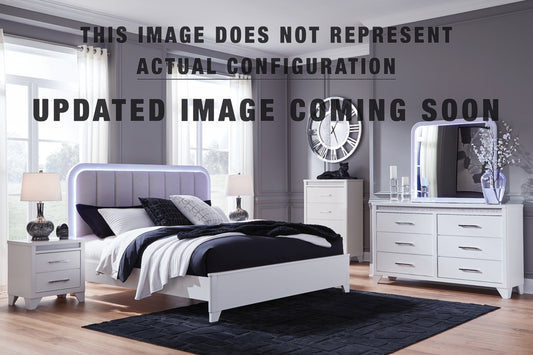 Jarlee King Upholstered Panel Bed, Dresser, Mirror and Nightstand