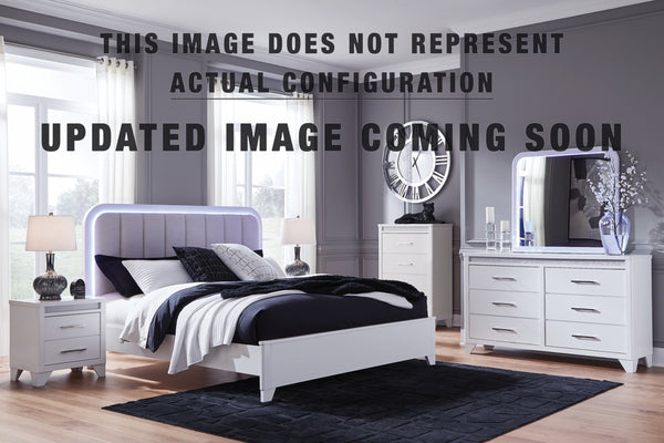 Jarlee King Upholstered Panel Bed, Dresser, Mirror and Nightstand