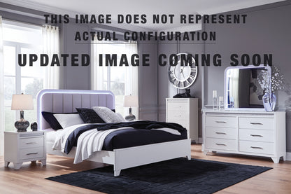 Jarlee California King Upholstered Panel Bed, Dresser, Mirror and Nightstand