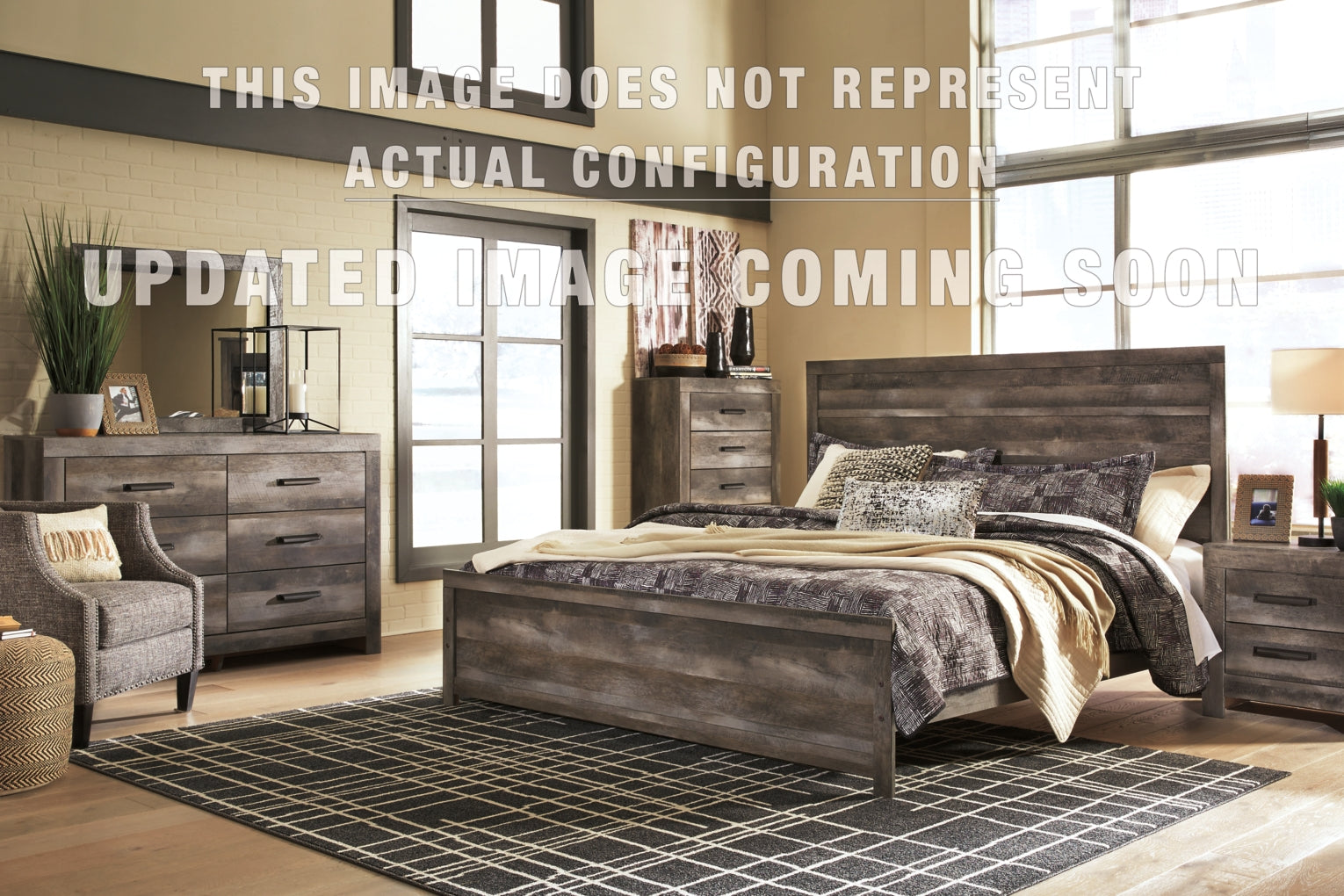 Wynnlow Queen Upholstered Poster Bed, Dresser, Mirror, Chest and Nightstand