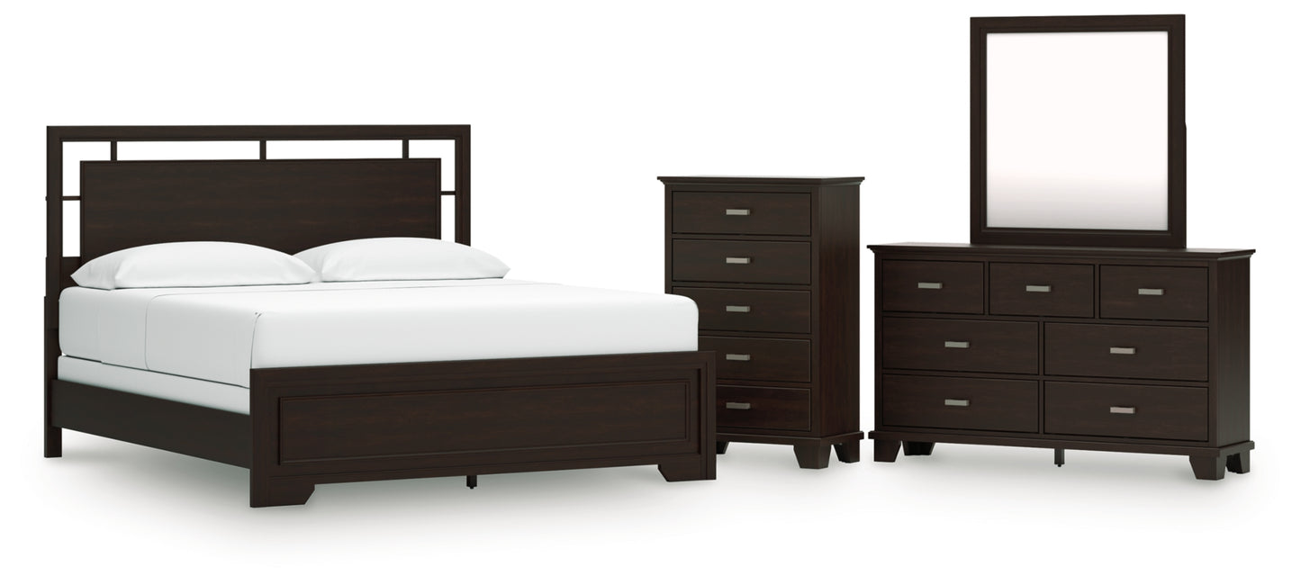 Covetown California King Panel Bed, Dresser, Mirror and Chest