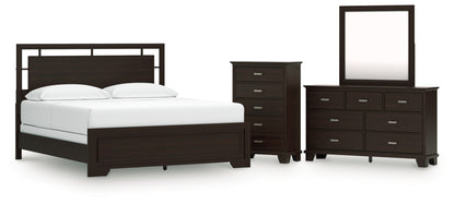 Covetown California King Panel Bed, Dresser, Mirror and Chest