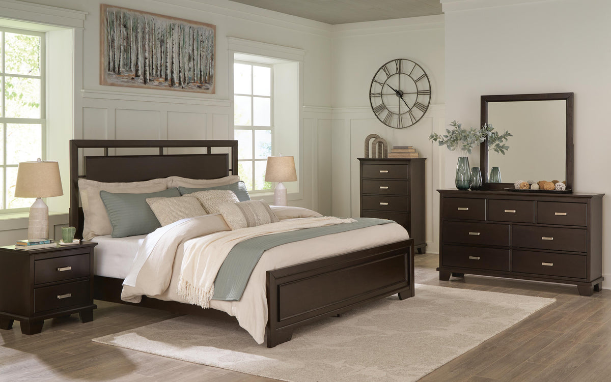 Covetown Queen Panel Bed with Mirrored Dresser and Nightstand