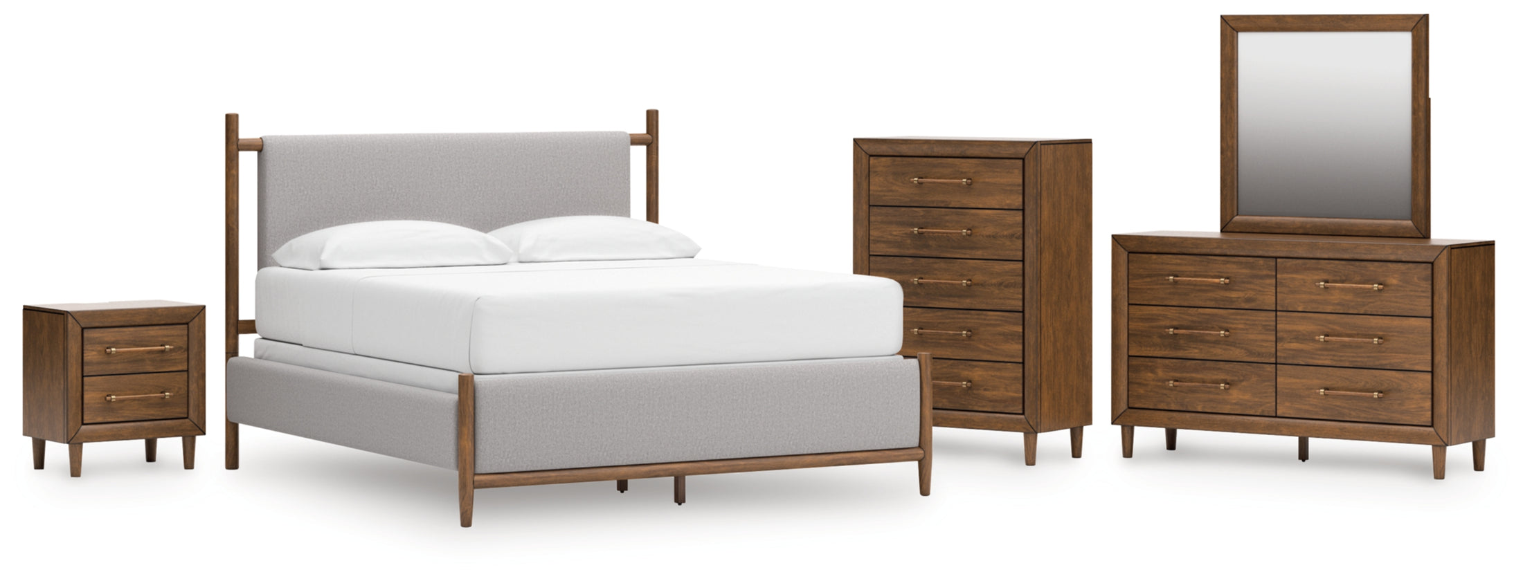 Lyncott Queen Upholstered Panel Bed, Dresser, Mirror, Chest and Nightstand
