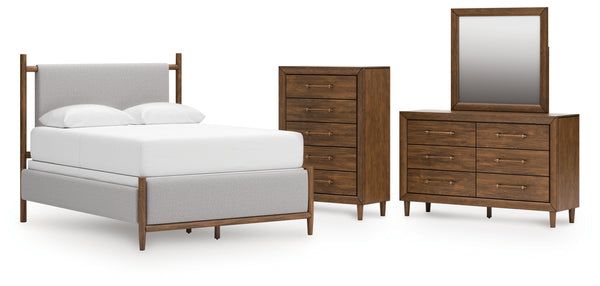 Lyncott Queen Upholstered Panel Bed, Dresser, Mirror and Chest