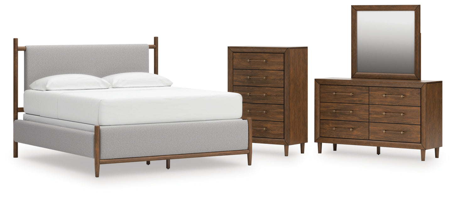 Lyncott California King Upholstered Bed, Dresser, Mirror and Chest