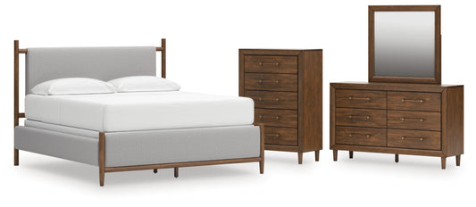 Lyncott California King Upholstered Bed, Dresser, Mirror and Chest