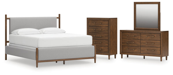 Lyncott California King Upholstered Bed, Dresser, Mirror and Chest