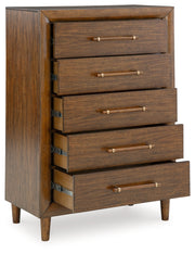 Lyncott California King Upholstered Bed, Dresser, Mirror and Chest