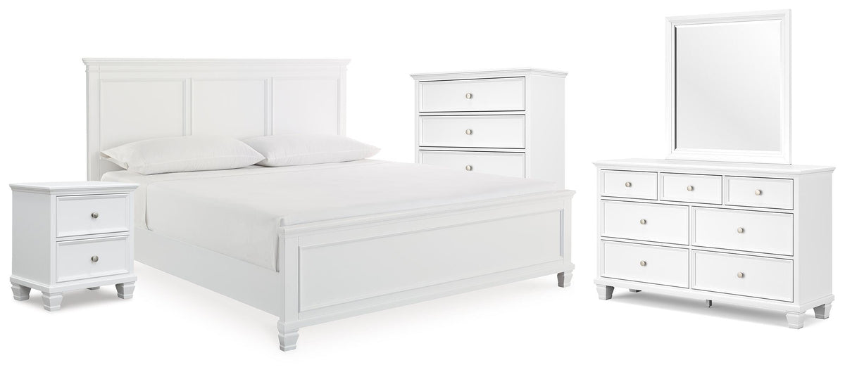 Fortman King Panel Bed with Mirrored Dresser, Chest and Nightstand