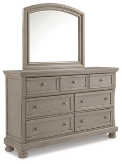Lettner Queen Sleigh Bed with 2 Storage Drawers with Mirrored Dresser