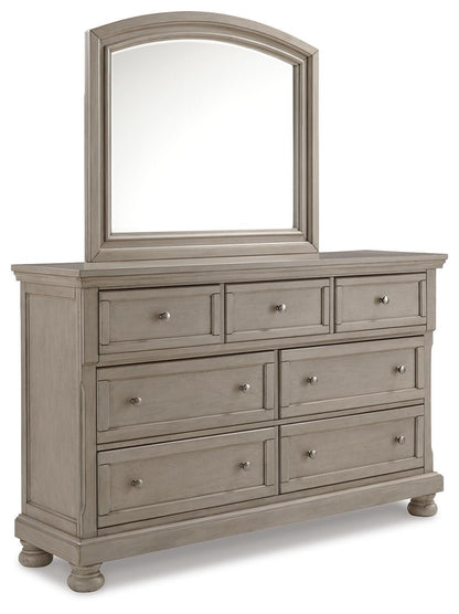 Lettner Queen Sleigh Bed with 2 Storage Drawers with Mirrored Dresser