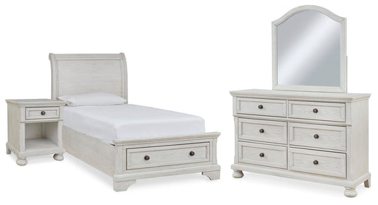 Robbinsdale Twin Sleigh Storage Bed. Dresser, Mirror and Nightstand