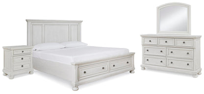 Robbinsdale Queen Panel Storage Bed. Dresser, Mirror and Nightstand