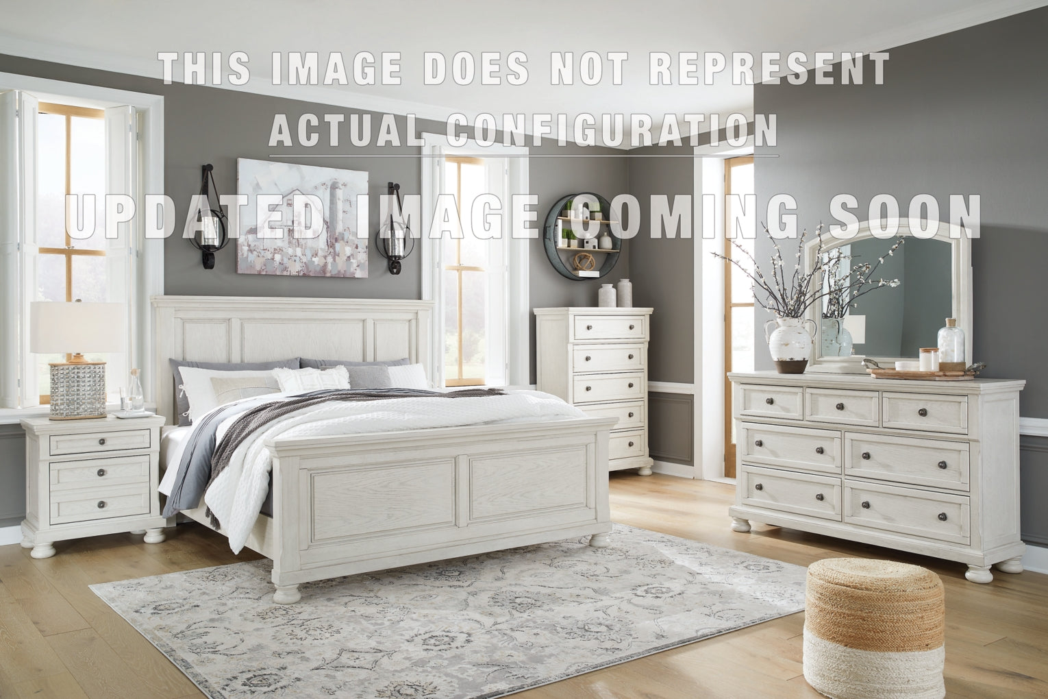 Robbinsdale King Panel Storage Bed. Dresser, Mirror and Nightstand