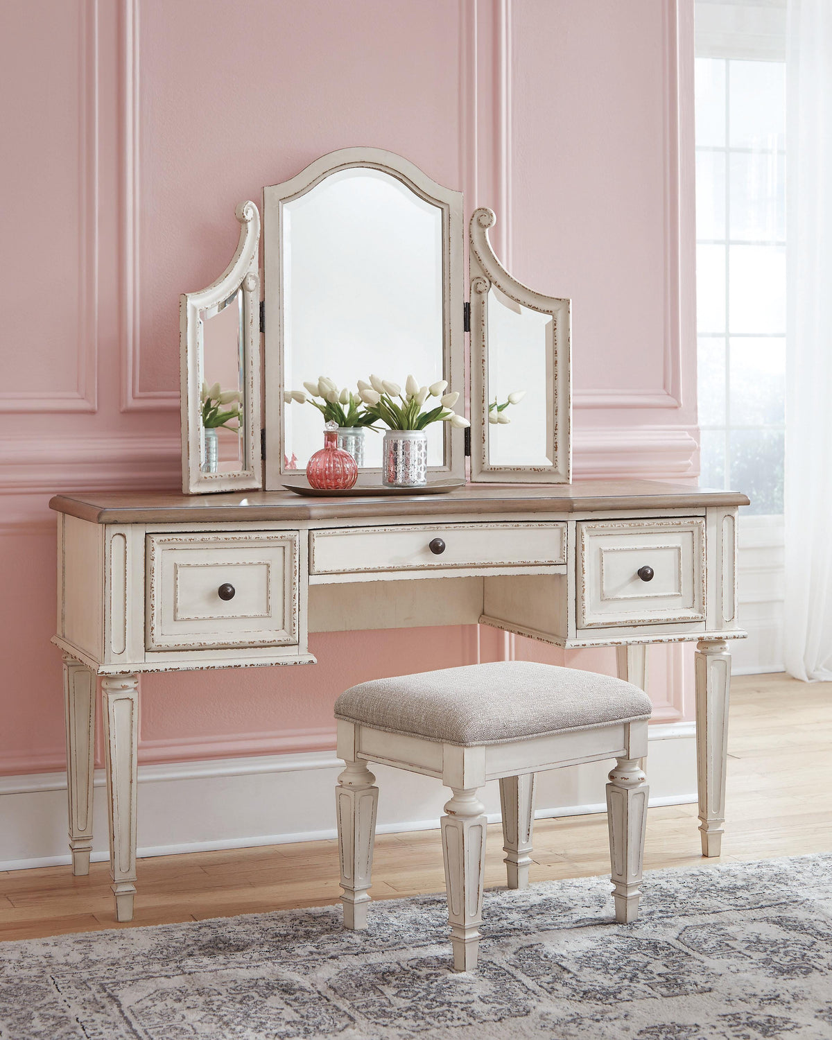 Realyn Queen Upholstery Panel Bed, Dresser, Chest, Nightstand, and Vanity Set