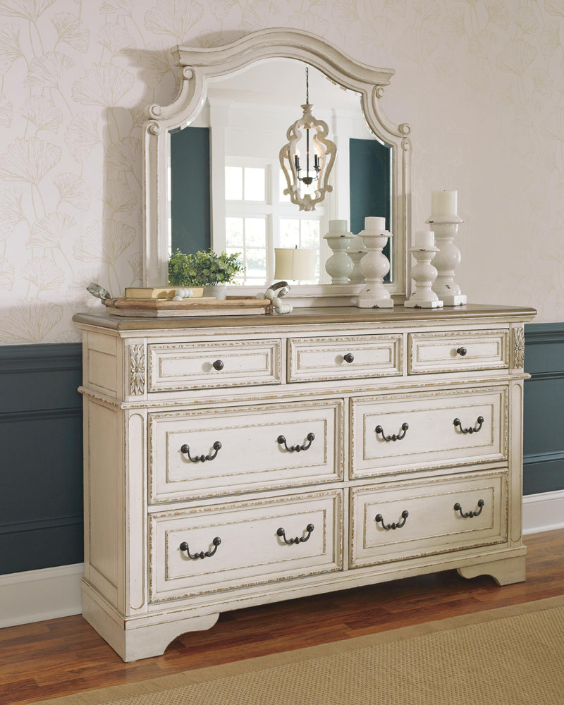 Realyn Queen Upholstered Panel Bed, Dresser, Mirror and Nightstand