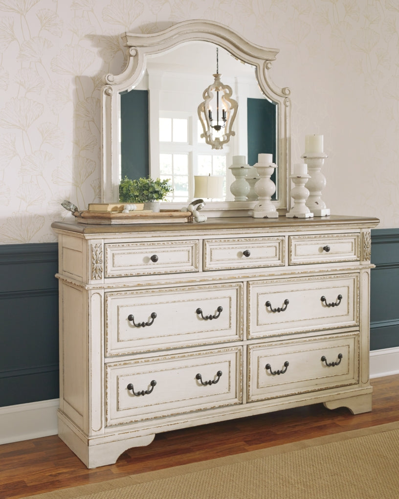 Realyn King Upholstered Panel Bed with Mirrored Dresser and Chest