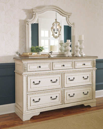 Realyn King Upholstered Panel Bed with Mirrored Dresser and Chest