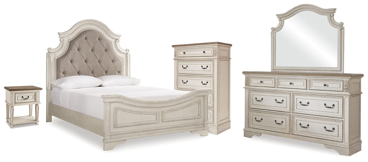 Realyn Queen Panel Bed Dresser, Mirror, Chest and Nightstand