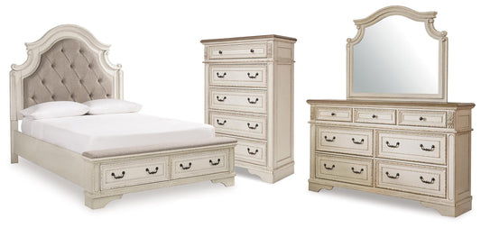 Realyn Queen Upholstered Bed with Mirrored Dresser and Chest