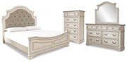 Realyn King Upholstered Panel Bed with Mirrored Dresser and Chest
