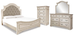 Realyn King Upholstered Panel Bed with Mirrored Dresser and Chest