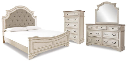 Realyn King Upholstered Panel Bed with Mirrored Dresser and Chest